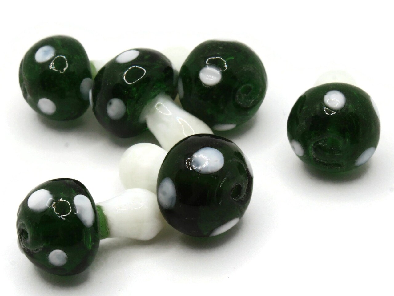 6 19mm Green and White Polka Dot Lampwork Glass Mushroom Beads